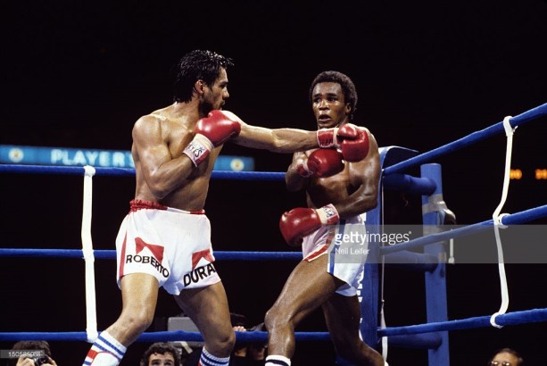 Boxing: WBC Welterweight Title: Roberto Duran (L) in action vs Sugar Ray Leonard during fight at Olympic Stadium. Montreal, Canada 6/20/1980 CREDIT: Neil Leifer (Photo by Neil Leifer /Sports Illustrated/Getty Images) (Set Number: TC24665 )